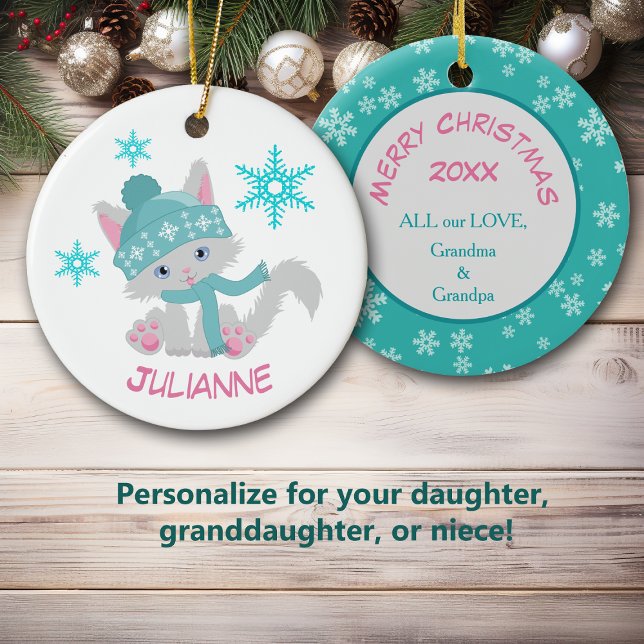 Cute Teal Snowflake Kitten Julgransprydnad Keramik (Skapare uppladdad)