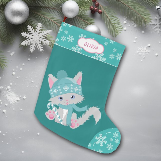 Cute Teal Snowflake Kitten Stor Julstrumpa (Skapare uppladdad)