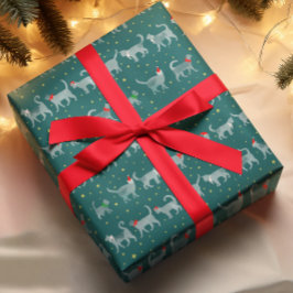 Cute Teal Watercolor Cats in Santa Hats Presentpapper