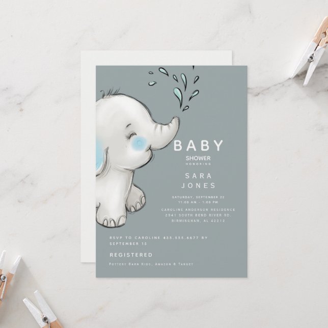 Cute Teal Watercolor Elephant Baby Shower Inbjudningar (Fram/Back In Situ)