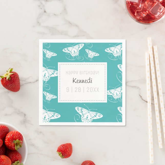 Cute Teal White Butterfly Napkins Pappersservett (Insitu)