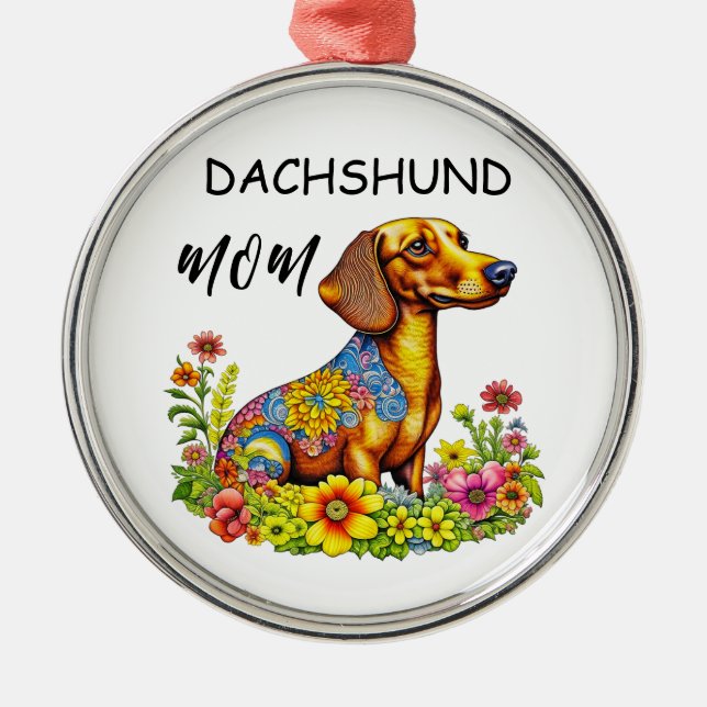 Cute Tecknad AI Dachshund Mamma Julgransprydnad Metall (Framsidan)