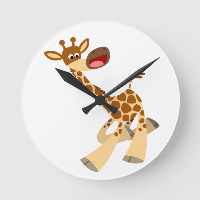 Cute Tecknad Ambling Giraffe Wall Clock Rund Klocka (Framsida)
