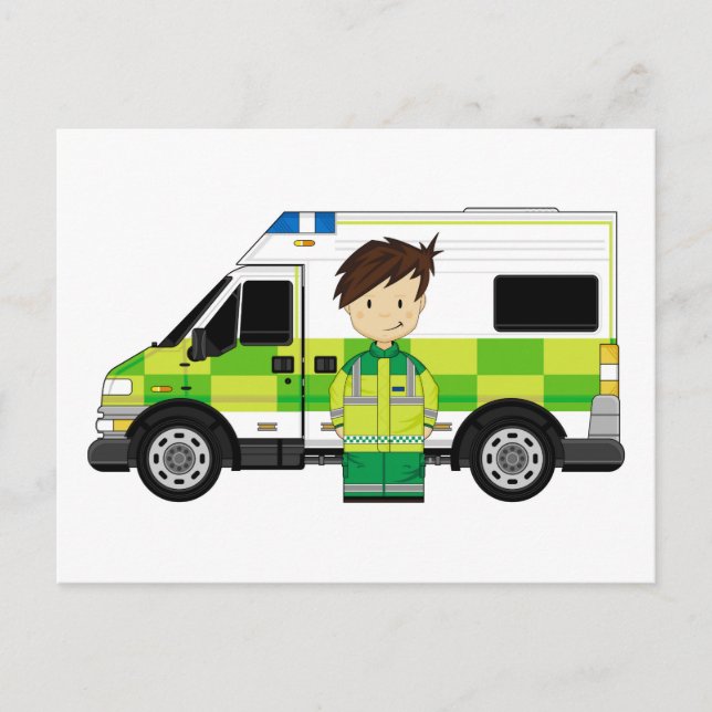 Cute Tecknad Ambulance och EMT Vykort (Framsida)