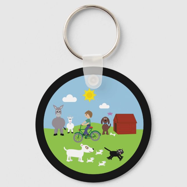 Cute Tecknad Animals & Boy Riding Bike Nyckelring (Framsida)