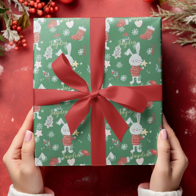 Cute Tecknad Animals Bunny Grönt Red Anpassningsba Presentpapper (Cute Cartoon Animals Bunny Green Red Custom Wrapping Paper
)