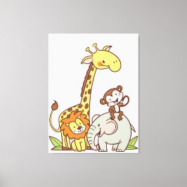 Cute Tecknad Animals - Giraffe, Lejon och apa Canvastryck