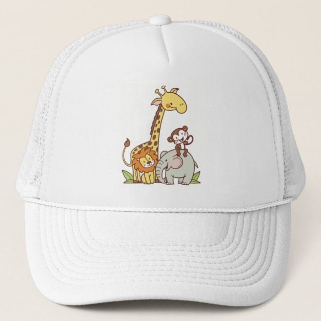 Cute Tecknad Animals - Giraffe, Lejon och apa Keps (Framsida)