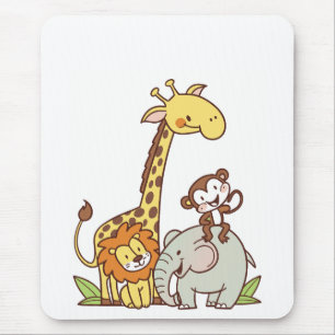 Cute Tecknad Animals - Giraffe, Lejon och apa Musmatta