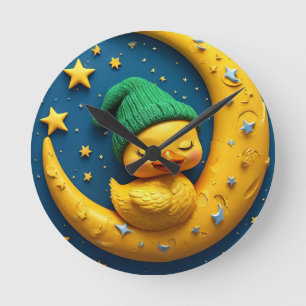 Cute tecknad anka och måne rund klocka