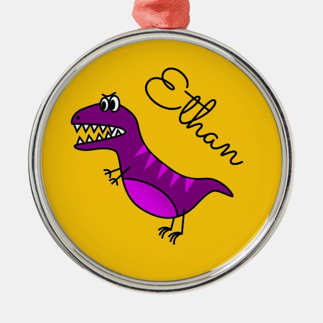 Cute tecknad arg lila dinosaur namn julgransprydnad metall (Framsidan)