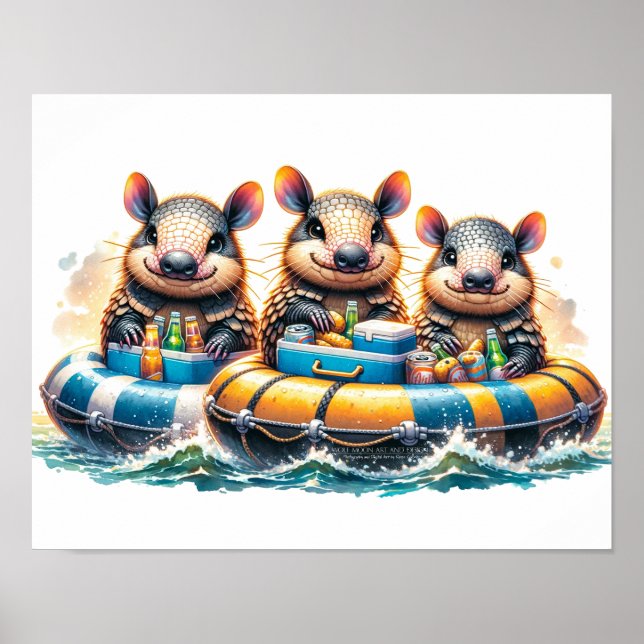 Cute Tecknad Armadillos med Roligt Tubing på flode Poster (Framsidan)
