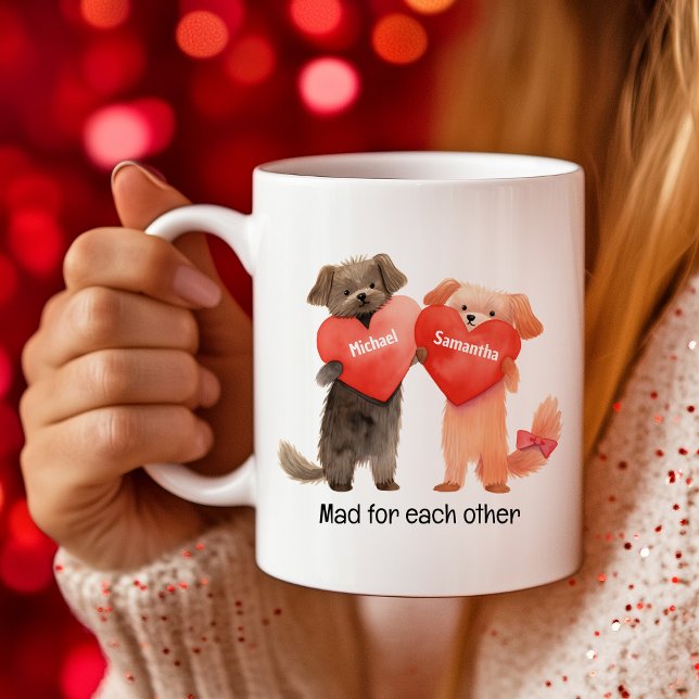 Cute Tecknad av Puppy Holding Hearts Valentine Kaffemugg (Cute Cartoon of Puppy Holding Hearts Valentine Coffee Mug)