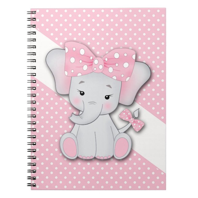 Cute tecknad baby elefant på en rosa vit polka anteckningsbok (Framsidan)