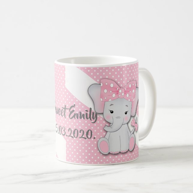 Cute tecknad baby elefant på en rosa vit polka kaffemugg (Framsida höger)
