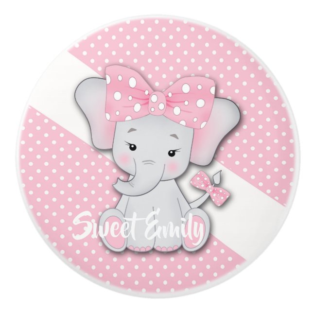 Cute tecknad baby elefant på en rosa vit polka knopp (Framsidan)