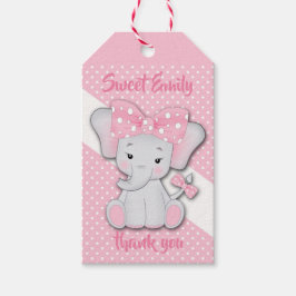 Cute tecknad baby elefant på en rosa vit polka presentetikett