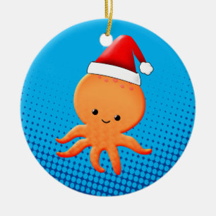 Cute Tecknad Baby Octopus Santas Hat Julgransprydnad Keramik