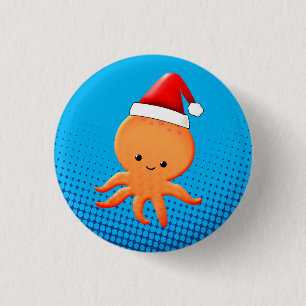 Cute Tecknad Baby Octopus Santas Hat Knapp