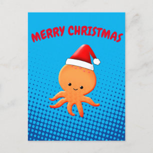 Cute Tecknad Baby Octopus Santas jul Hat Helg Vykort