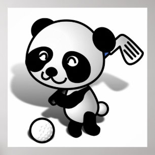 Cute Tecknad Baby Panda Bear Golfing Poster