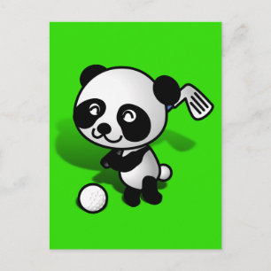 Cute Tecknad Baby Panda Bear Golfing Vykort