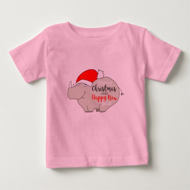 Cute Tecknad Baby Rhino Funny Rosa God jul T-shirt (Framsida)