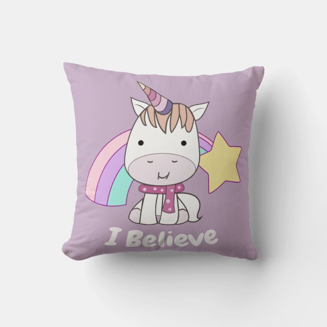 Cute Tecknad Baby Unicorn och Rainbow Lila Kudde (Framsida)