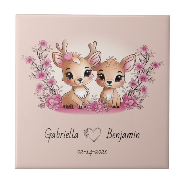 Cute Tecknad Bambi Älskare Heart Valentine Day Kakelplatta (Framsidan)