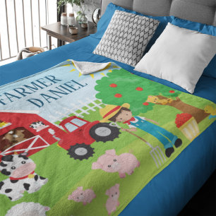 Cute Tecknad Barnyard Animals, Farmer and Tractor Fleecefilt