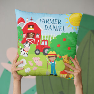 Cute Tecknad Barnyard Animals, Farmer and Tractor Kudde