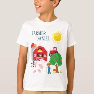Cute Tecknad Barnyard Animals, Farmer and Tractor T Shirt