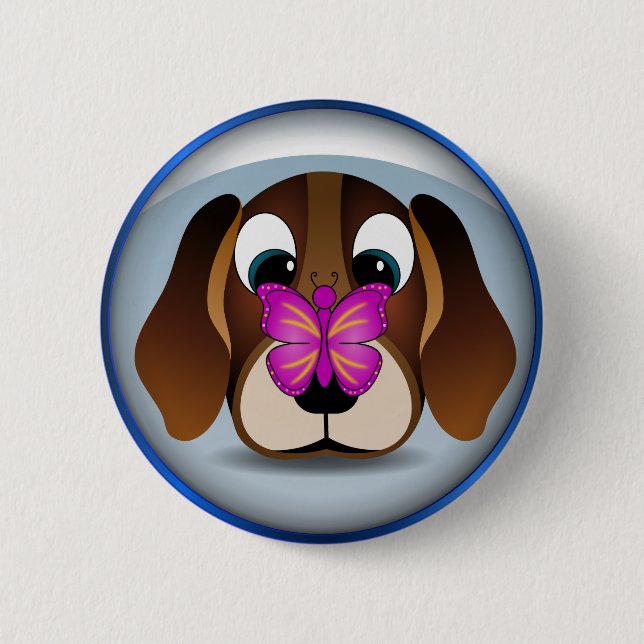 Cute Tecknad Beagle Puppy Hund och Butterfly Round Knapp (Framsida)