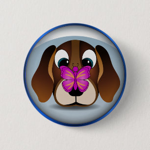 Cute Tecknad Beagle Puppy Hund och Butterfly Round Knapp