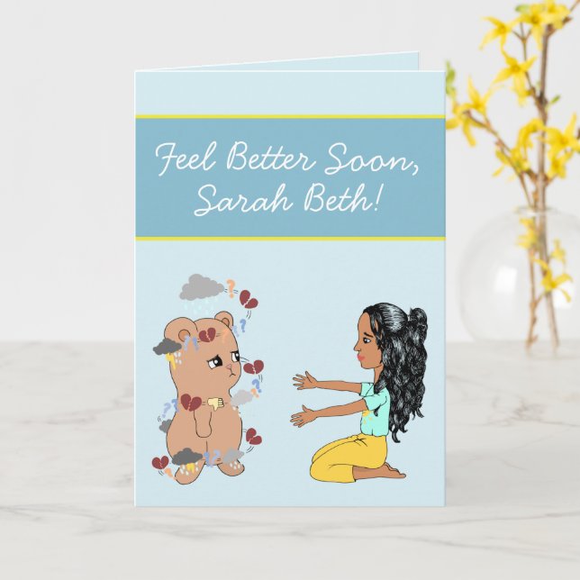 Cute Tecknad Bear, få snart för vänliga barn Kort (Gul blomma)