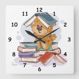 Cute Tecknad Bear Reading Bokar Fyrkantig Klocka