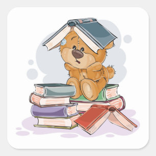 Cute Tecknad Bear Reading Bokar Fyrkantigt Klistermärke