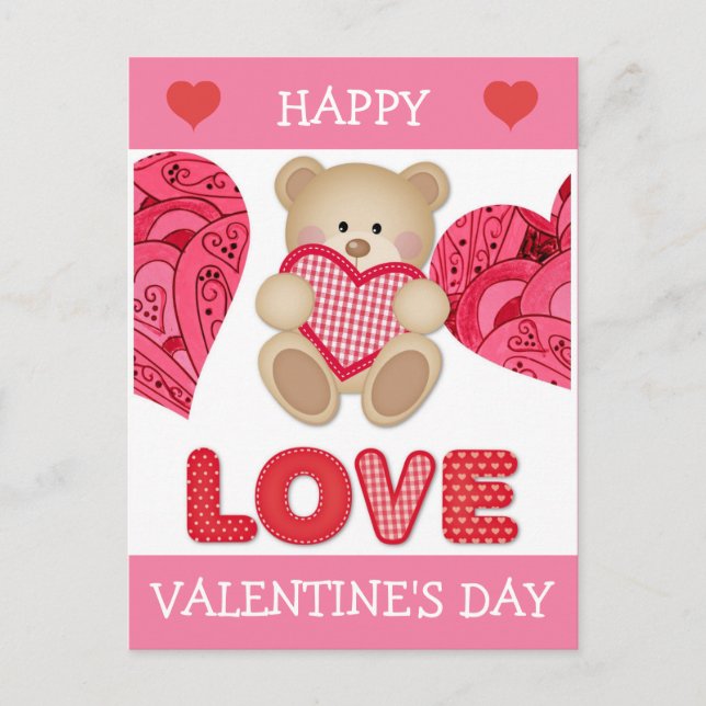 Cute Tecknad Bear Rosa Red Hearts Valentine Day Vykort (Framsida)