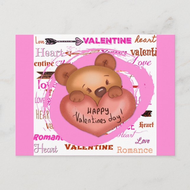 Cute Tecknad Bear Rosa Valentine Day Vykort (Framsida)