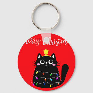 Cute tecknad Black cat Julgran Nyckelring