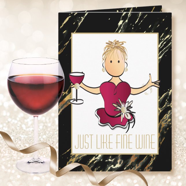 Cute Tecknad Black Guld Gnistra Red Vin födelsedag Kort (Skapare uppladdad)