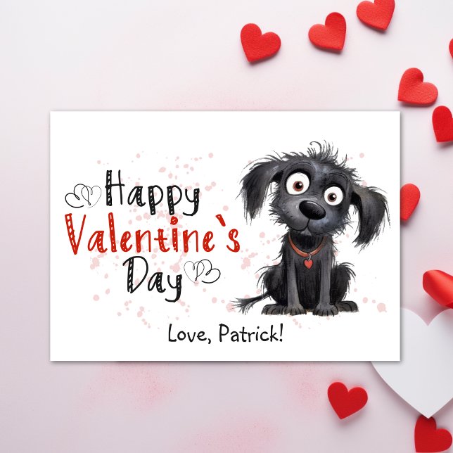 Cute Tecknad Black Puppy Lycklig Valentineser Julkort (Cute Cartoon Black Puppy Happy Valentines Holiday Card - Cute Cartoon Black Puppy, Printable)