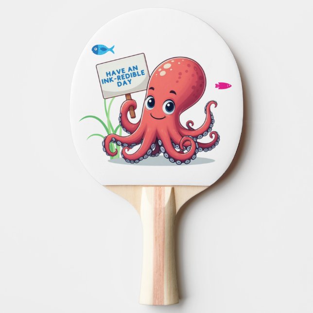 Cute, tecknad bläckfisk med fisk pingisracket (Framsidan)