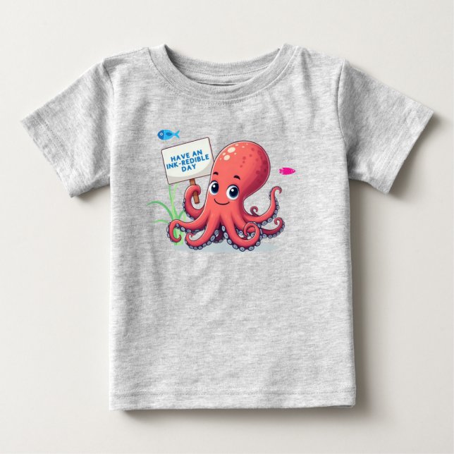 Cute, tecknad bläckfisk med fisk t shirt (Framsida)