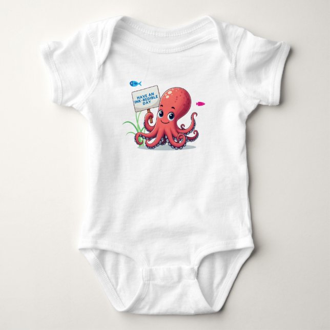 Cute, tecknad bläckfisk med fisk t shirt (Framsida)