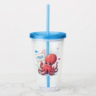 Cute, tecknad bläckfisk med fisk take away mugg