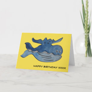 Cute Tecknad Blue Whale Birthday Kort