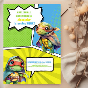 Cute Tecknad Bok Turtles Superhjälte Boy Birthday Inbjudningar
