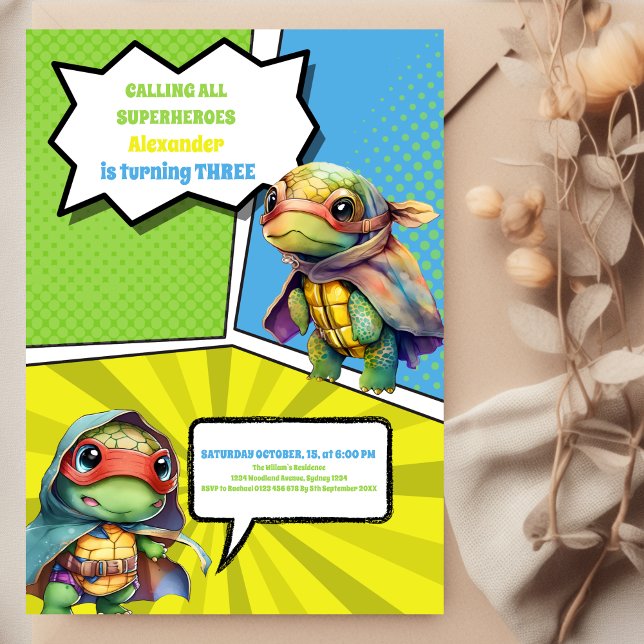 Cute Tecknad Bok Turtles Superhjälte Boy Birthday Inbjudningar (Skapare uppladdad)