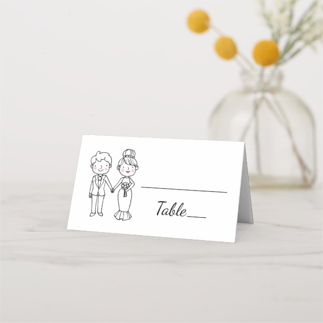 Cute Tecknad Bride Groom Black White-Bröllopsfest Placeringskort (Framsida)